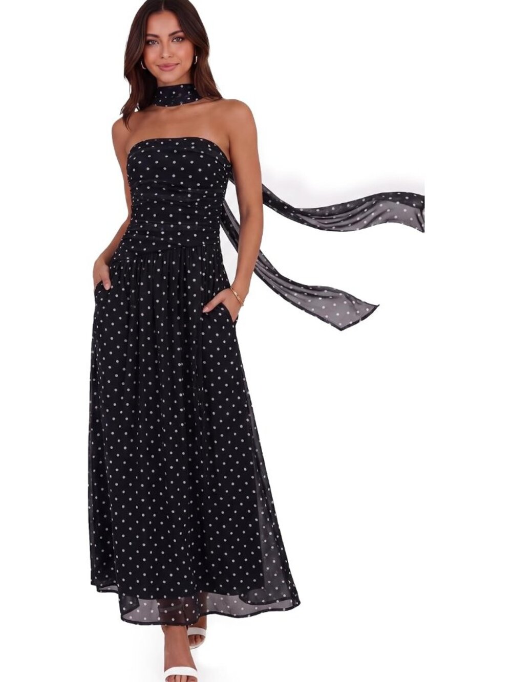 Women's Black Polka Dot Strapless Elastic Waist Side Pocket Wedding Maxi Dress